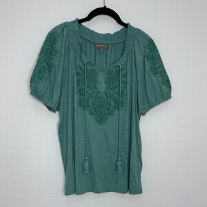 Style & Co Embroidered Teal Vacay Knit Women's Top